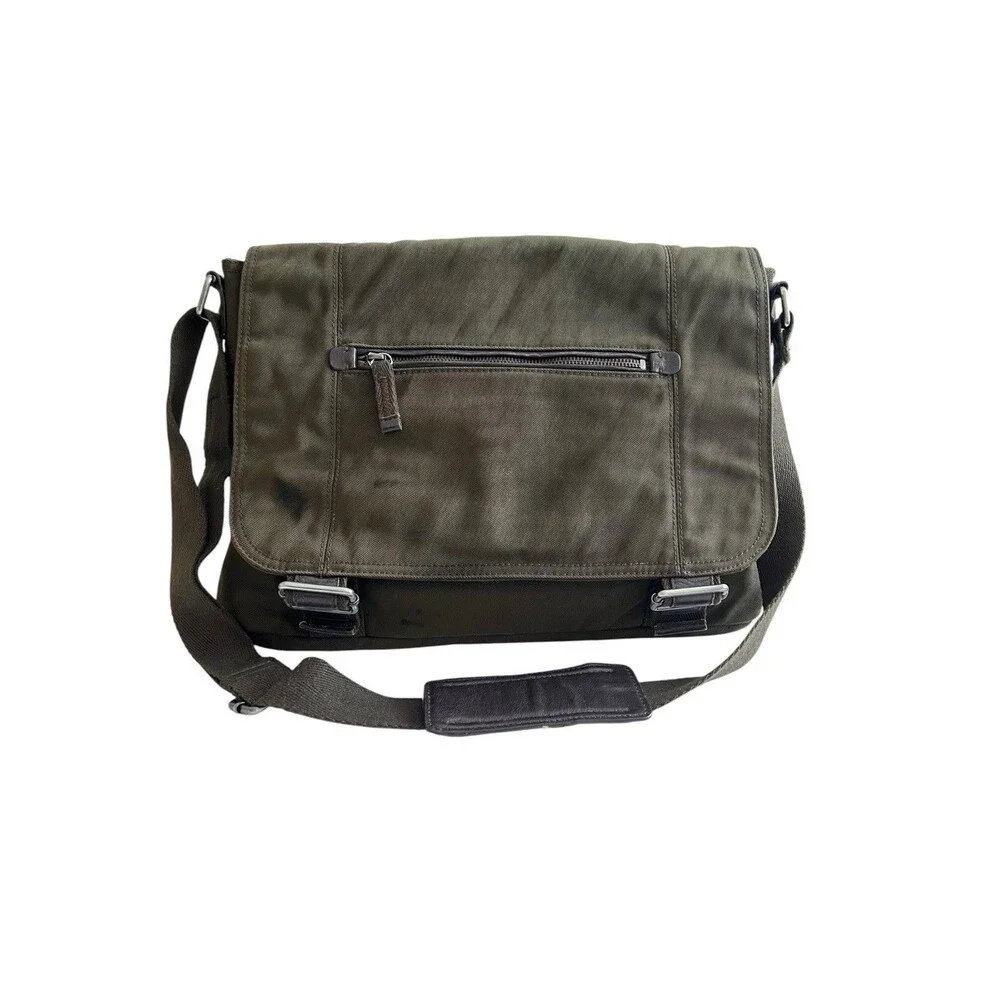 Banana Republic Olive Green Nylon Brown Leather Laptop Bag Messenger Briefcase